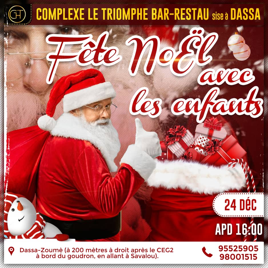 Le samedi 24 décembre prochain, le complexe bar restau lavage et hébergement Le Triomphe à travers son PDG, fête Noël avec les enfants de la commune de Dassa