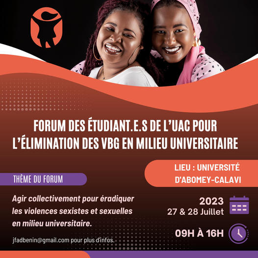 Participez au 1er Forum des étudiant.e.s de l'UAC pour l'élimination des Violences Basées sur le Genre, le lien pour s’inscrire